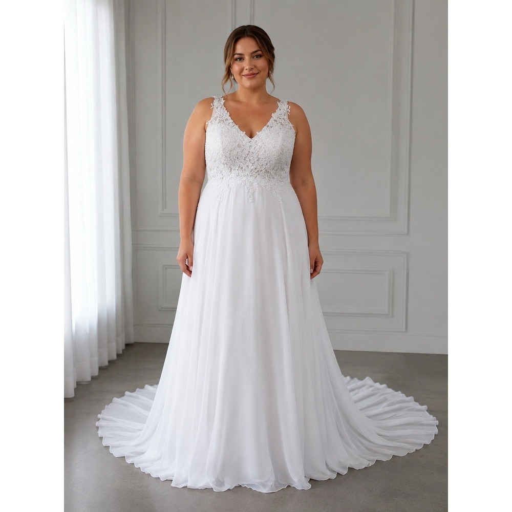 NWT Miaoduo Wedding Dress Size 14 White Lace Applique V-Neck Bridal Gown